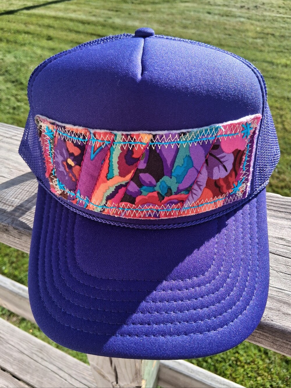 Purple Trucker Hat with Multicolor Floral Handmade Patch
